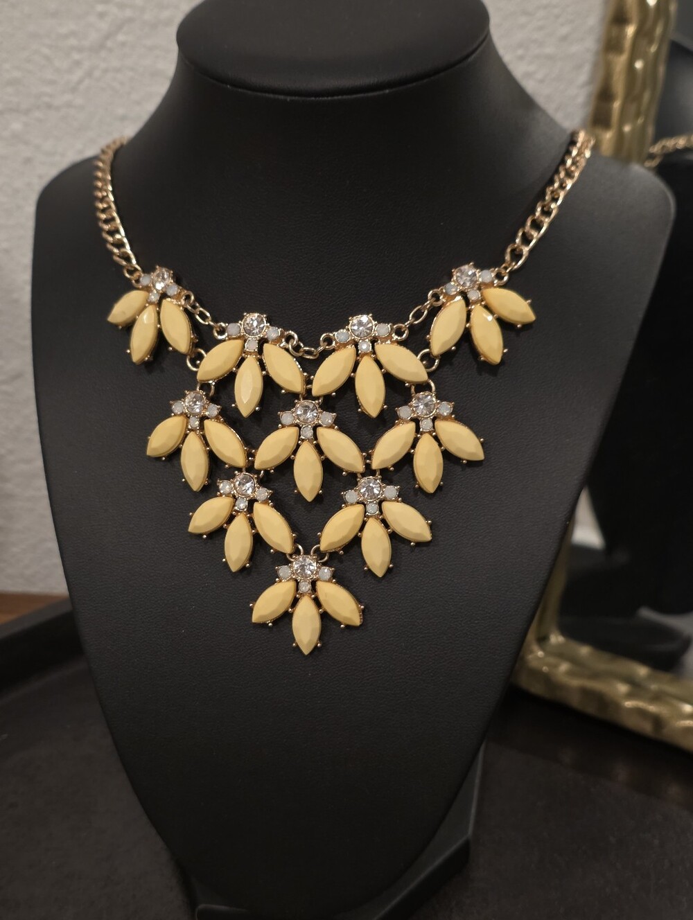 Yellow UV Glow Bib Necklace Gold Tone Rhinestone Flower Cluster Marquise
